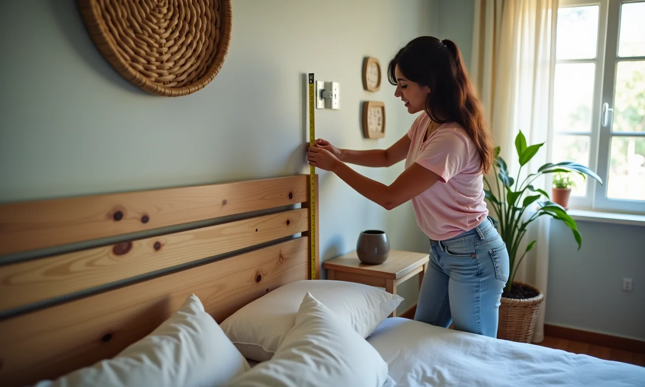 Medindo a altura ideal para a cabeceira de madeira.