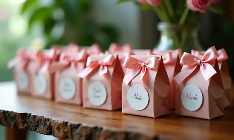 Mesa com lembrancinhas de casamento artesanais e elegantes.