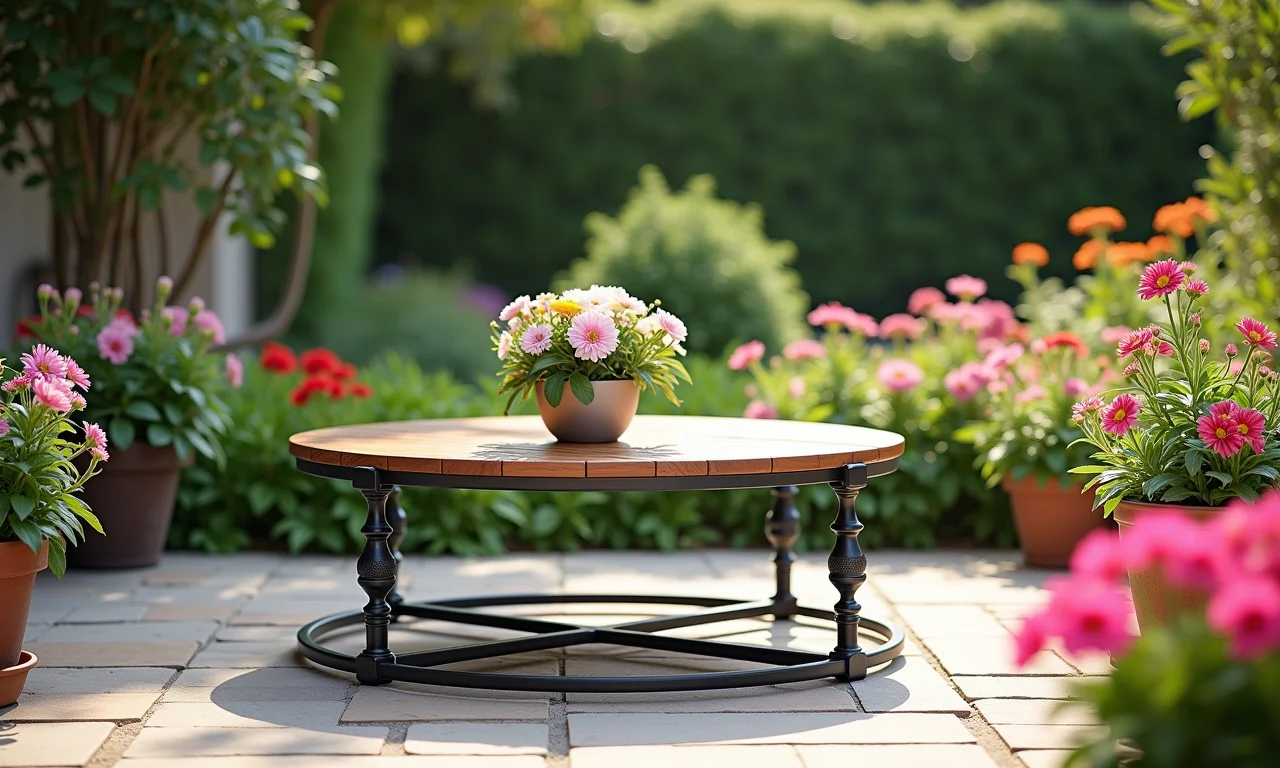 Mesa de centro de ferro com detalhes em madeira em um jardim florido.
