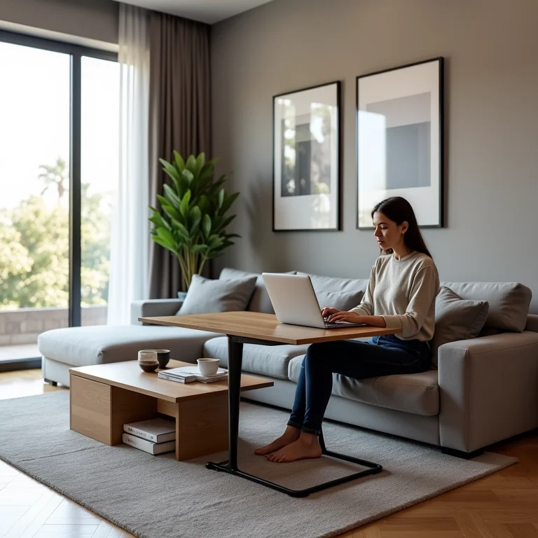 Mesa de centro elevável sendo usada como mesa de trabalho.