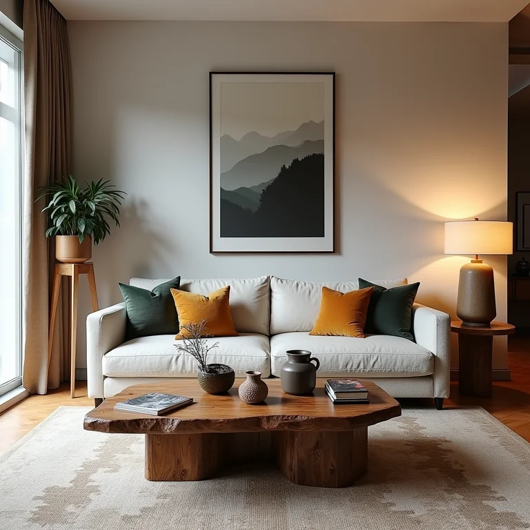 Mesa de centro exclusiva feita de objetos reaproveitados em sala de estar eclética