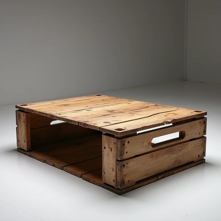 Mesa de centro feita com caixotes de feira reaproveitados