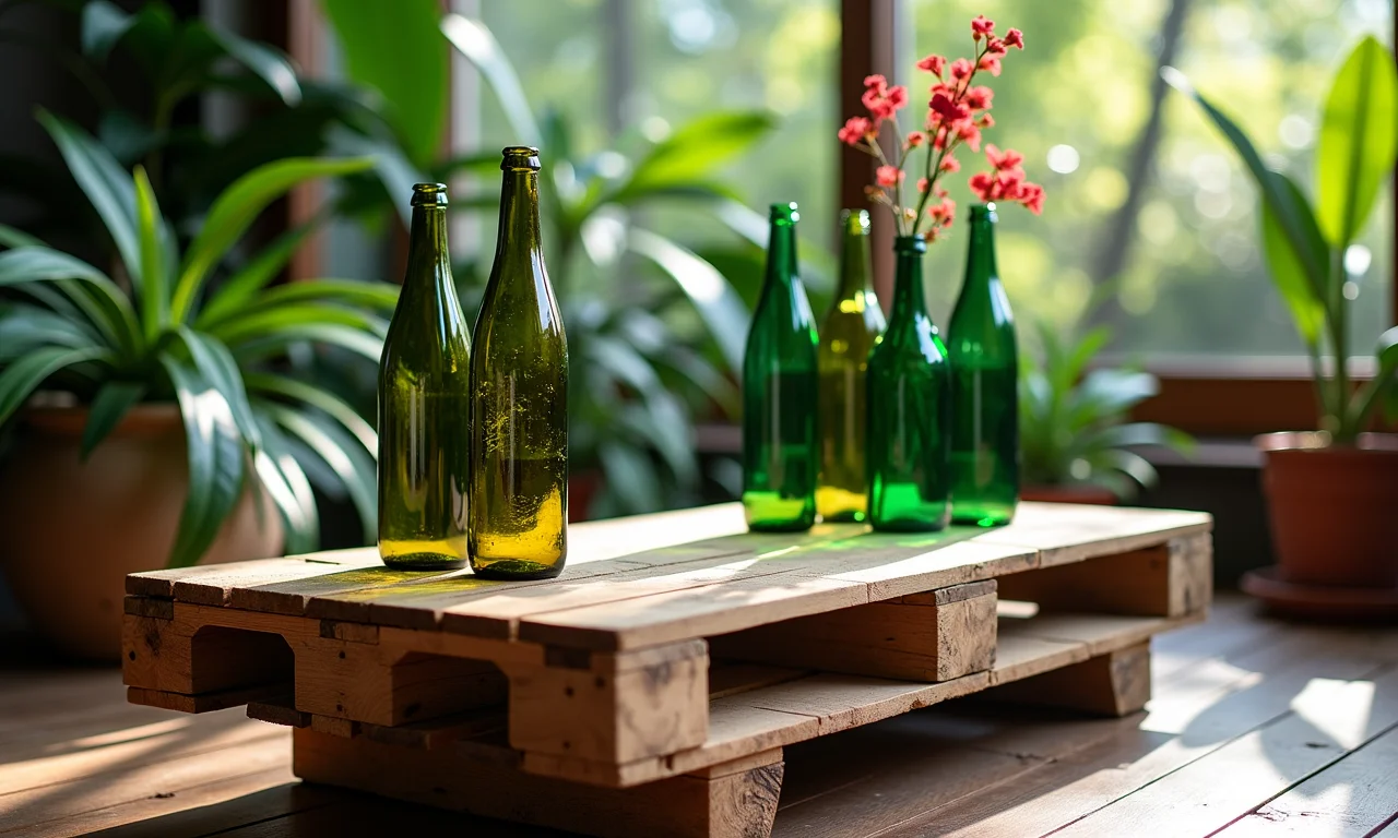 Mesa de centro feita com paletes reaproveitados e garrafas de vidro reutilizadas como vasos.