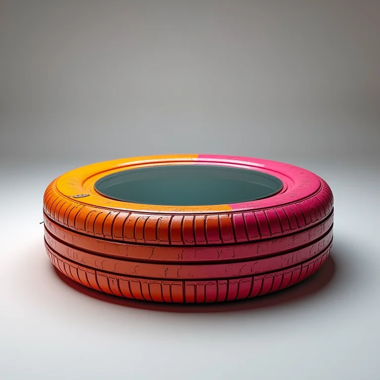 Mesa de centro feita com pneu reciclado e tampo de vidro