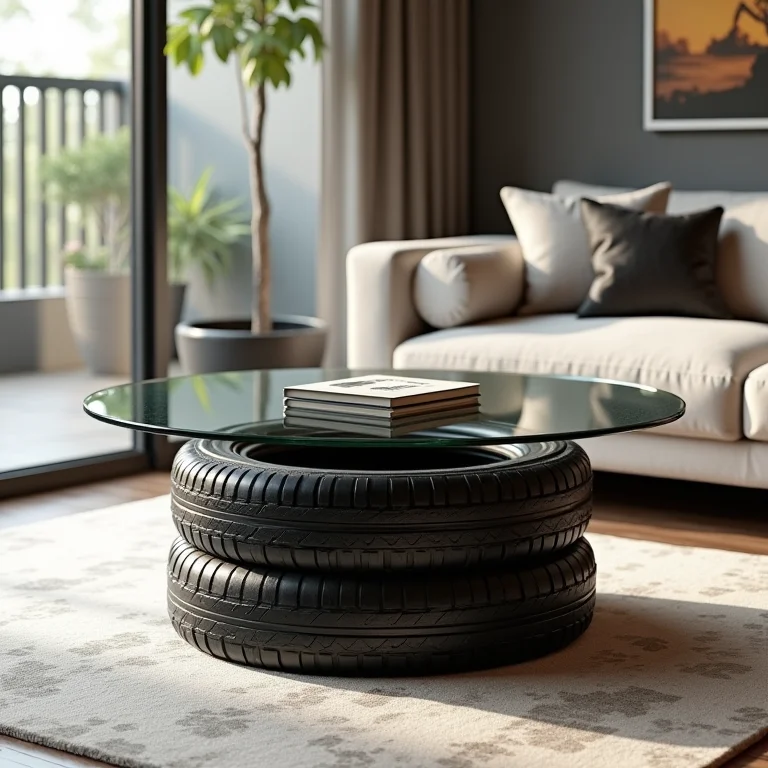 Mesa de centro feita com pneus usados