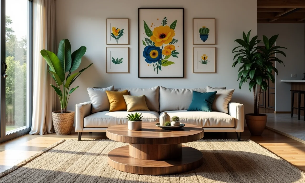 Mesa de centro feita de carretel de fio em sala moderna com arte e plantas brasileiras.