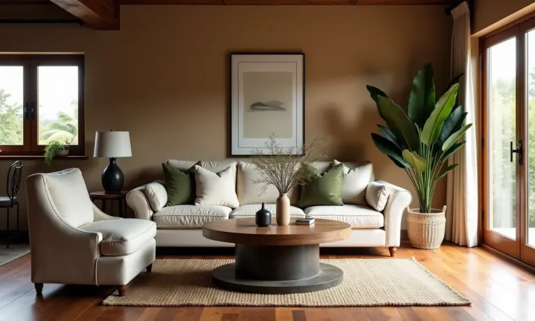 Mesa de centro feita de carretel industrial em uma sala de estar aconchegante com decoração brasileira.