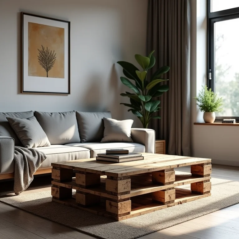 Mesa de centro feita de pallets de madeira em sala de estar com estilo industrial