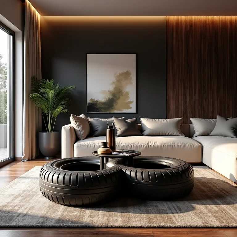 Mesa de centro original feita de pneus reciclados em sala de estar moderna