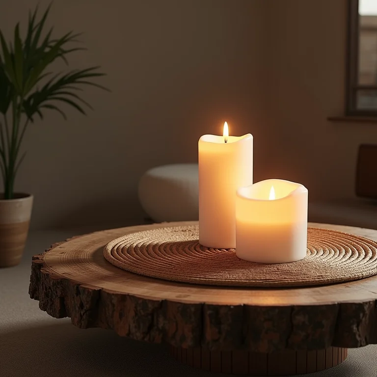 Mesa de centro rústica de madeira com velas e detalhes decorativos.