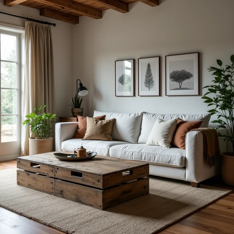 Mesa de centro rústica feita de caixotes de feira em sala de estar charmosa