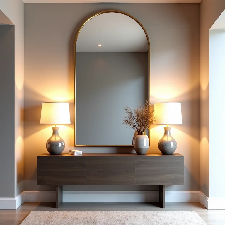 Mesa de console exagerada com espelho e decoração em um corredor