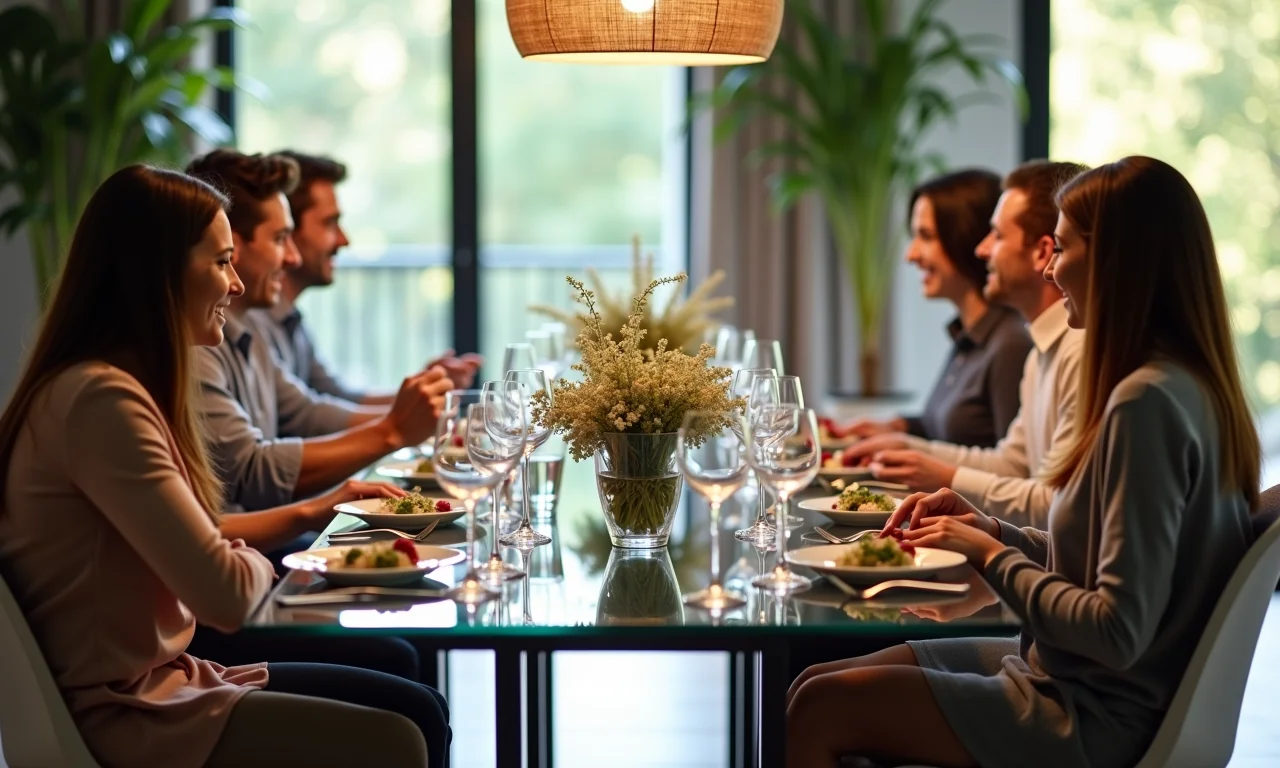 Mesa de jantar de vidro elegante para refeições.