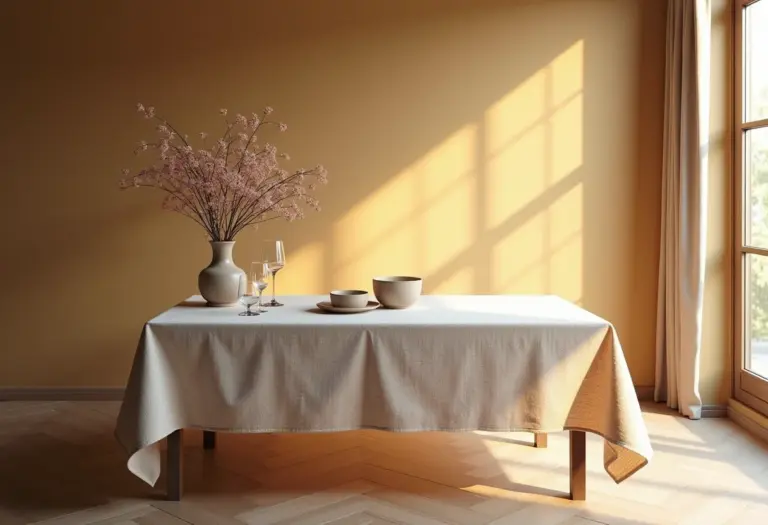 Mesa de jantar decorada com toalha de mesa DIY