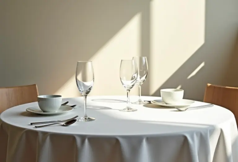 Mesa de jantar impecável com toalha branca sem amassados