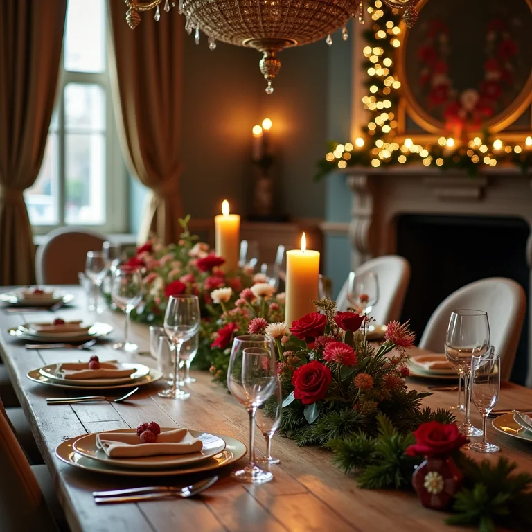 Mesa de Natal com arranjos baixos e suspensos.