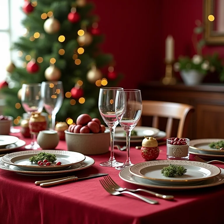 Mesa de Natal com decoração em estilo clássico.