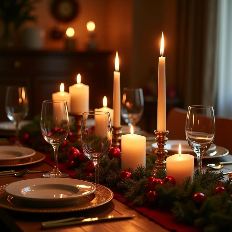 Mesa de Natal com velas dispostas de forma segura e elegante.