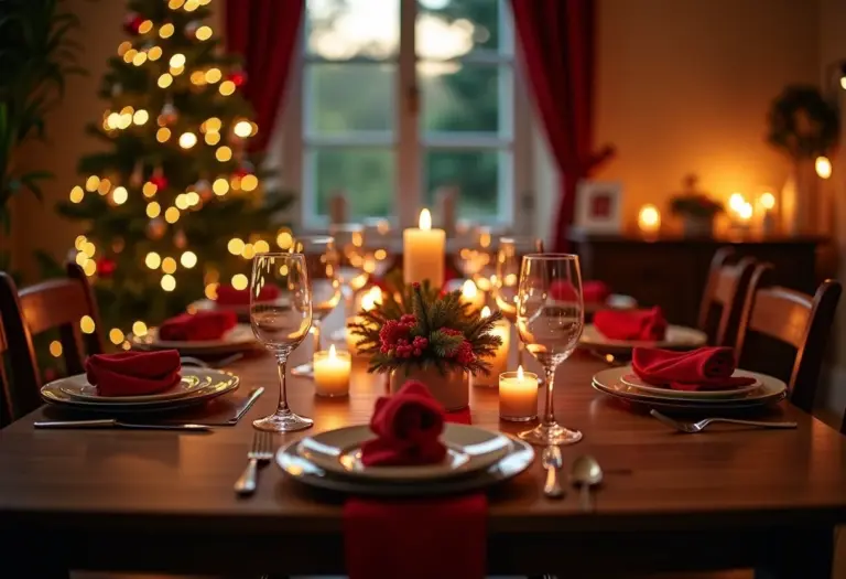 Mesa de Natal elegantemente decorada com detalhes festivos.