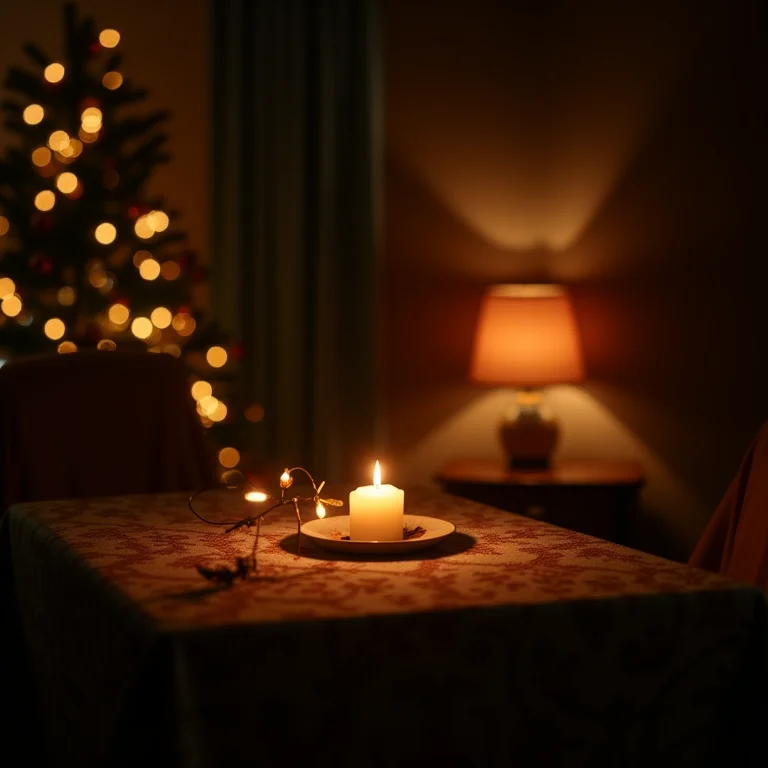 Mesa de Natal iluminada com velas, luzes de fadas e luminária indireta.