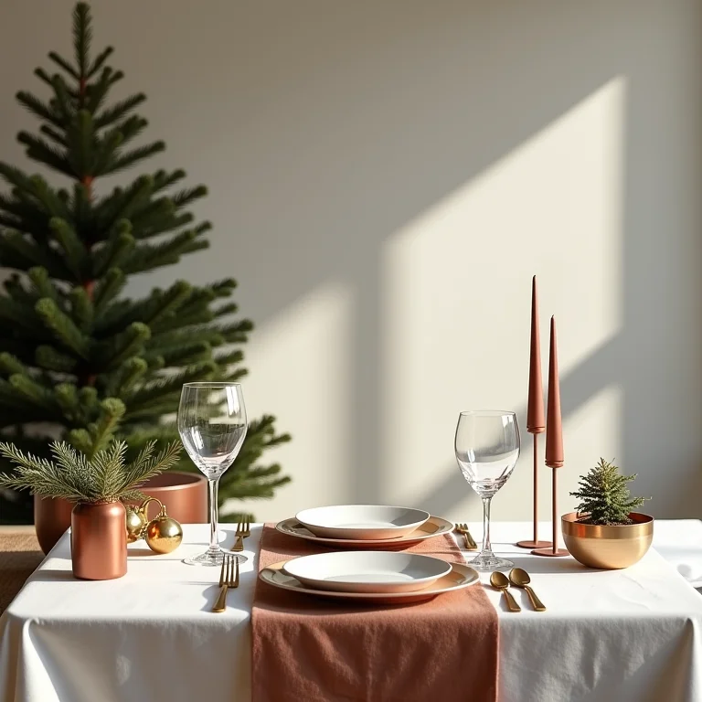 Mesa de Natal minimalista com uso inteligente de espaço negativo.