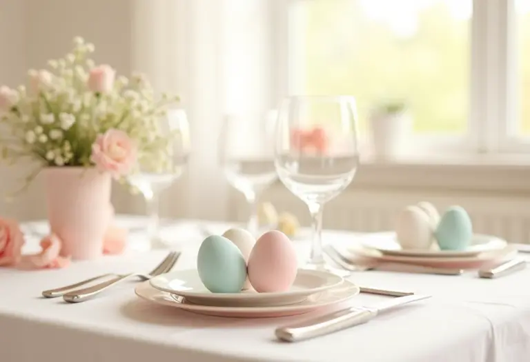 Mesa de Páscoa decorada com arranjos florais e ovos coloridos