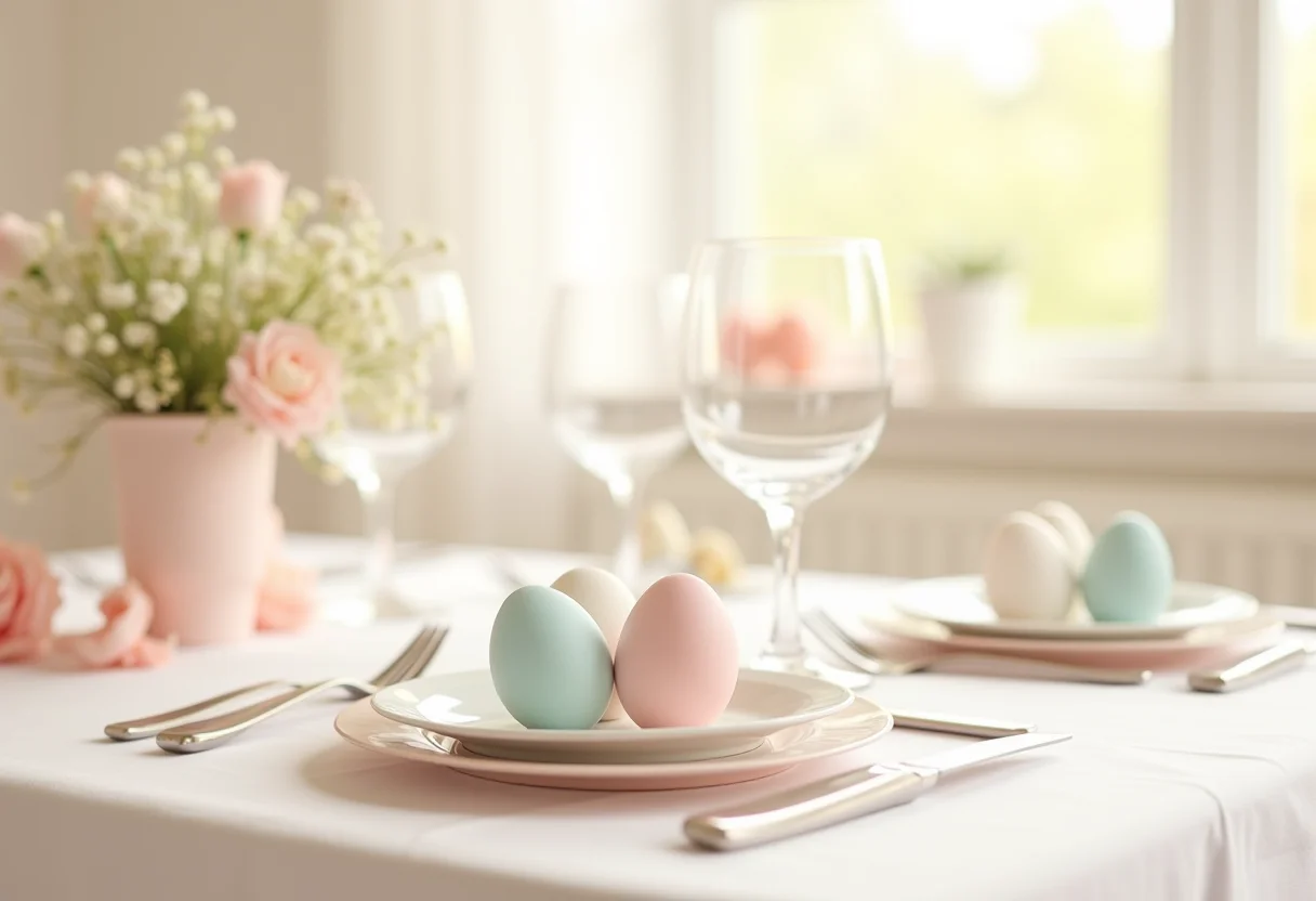 Mesa de Páscoa decorada com arranjos florais e ovos coloridos