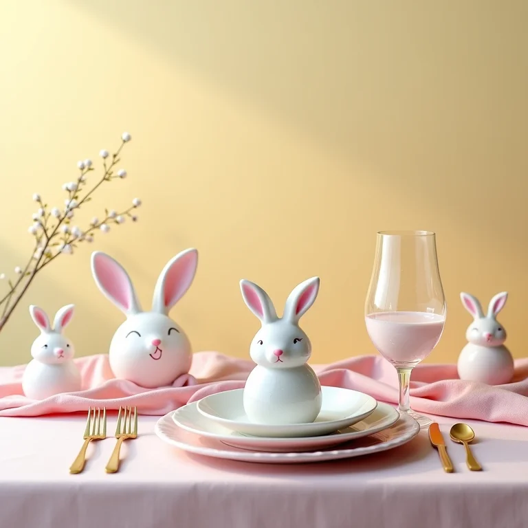 Mesa de Páscoa decorada com coelhinhos e cores pastel
