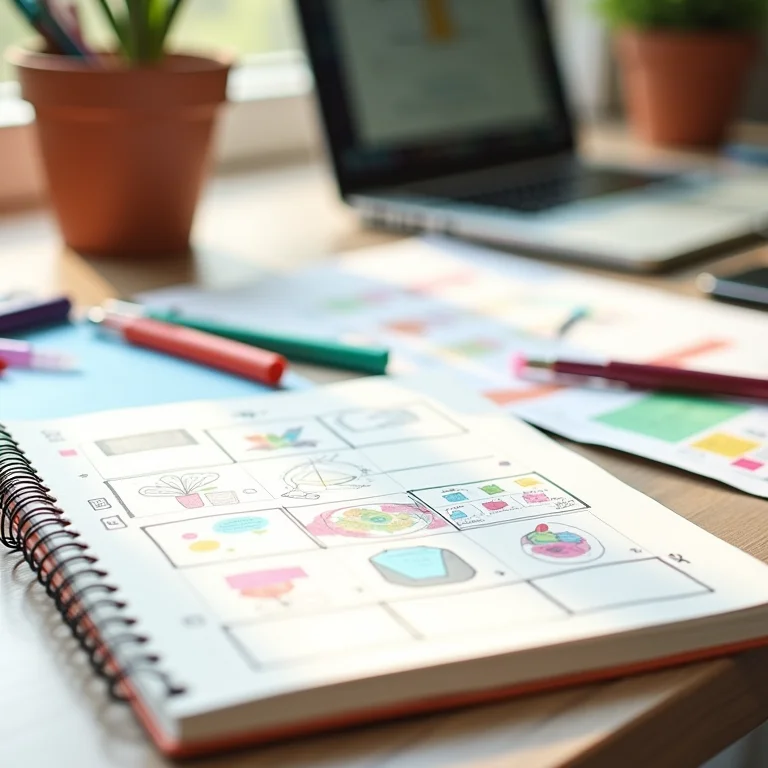 Mesa de planejamento de eventos com cadernos, canetas e rascunhos inspiradores