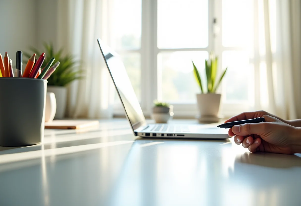 Mesa de trabalho organizada com ferramentas essenciais