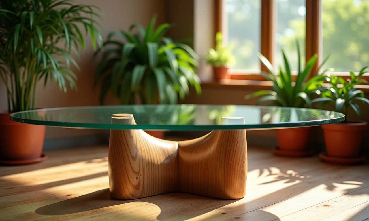 Mesa de vidro com base de madeira aconchegante.