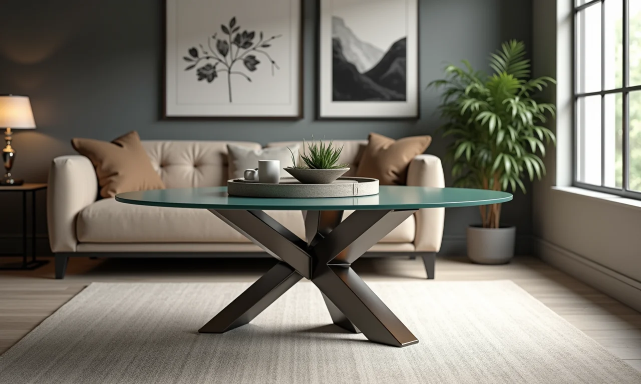 Mesa de vidro com base de metal moderna.