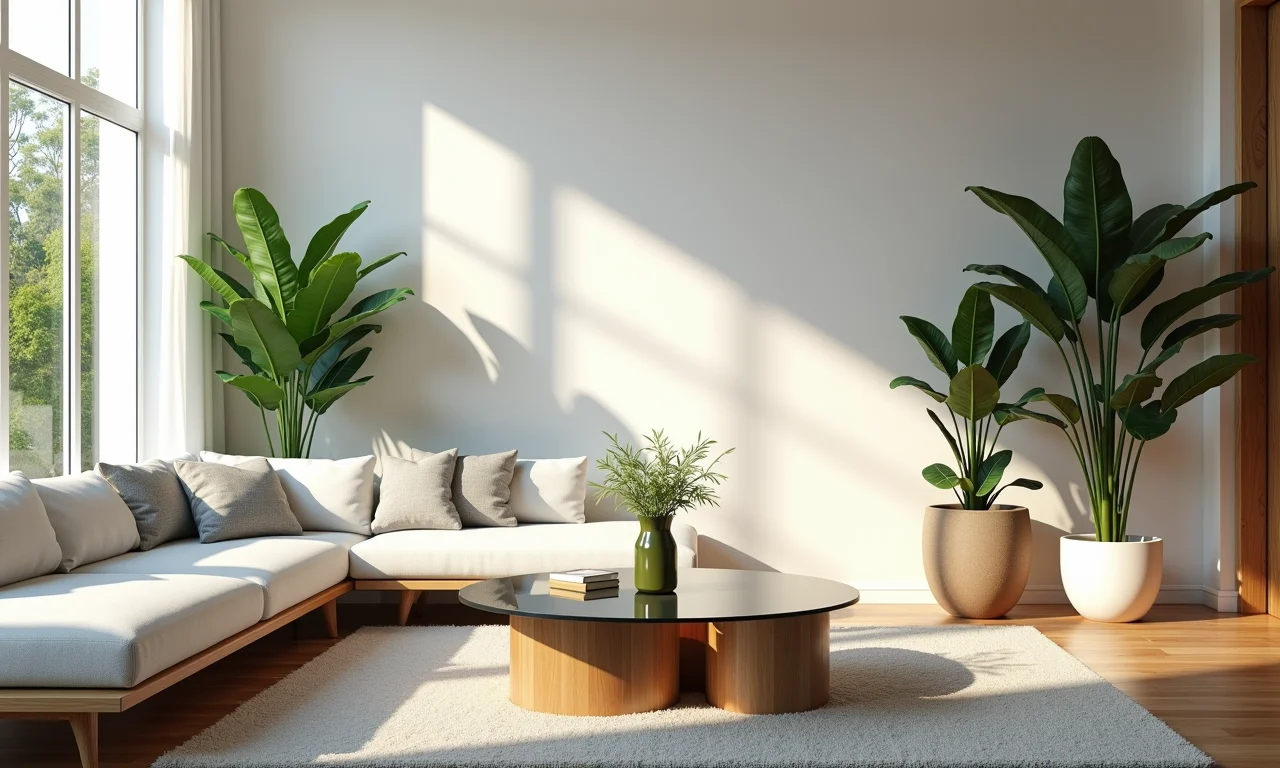 Mesa de vidro moderna em sala de estar iluminada com decoração brasileira.