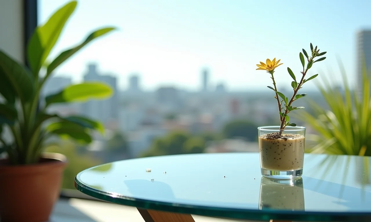 Mesa de vidro para varanda iluminada.