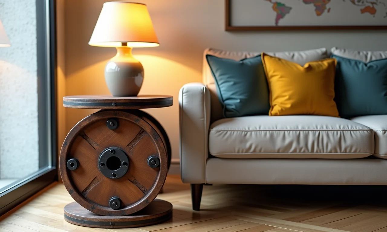 Mesa lateral feita de carretel de fio ao lado de um sofá com almofadas brasileiras.