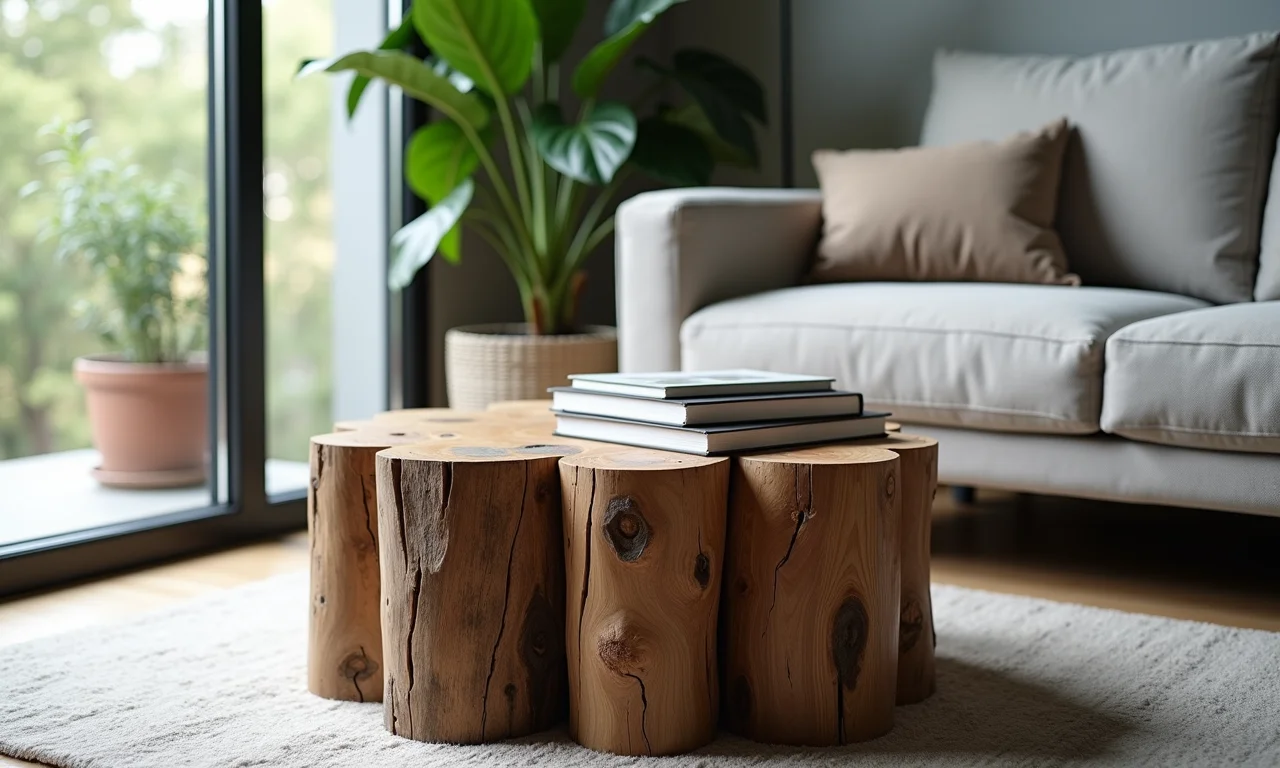 Mesa lateral feita de galhos reaproveitados em uma sala de estar moderna.