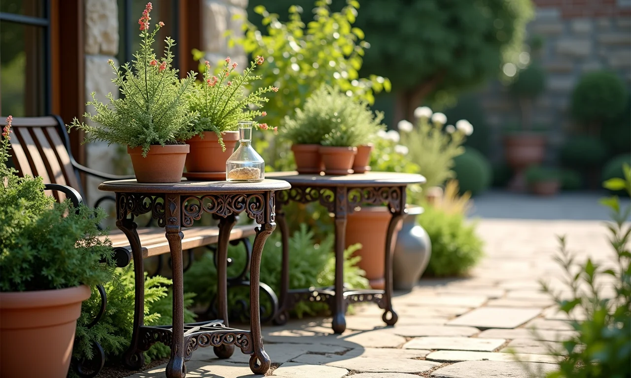 Mesas laterais de ferro apoiando vasos e objetos decorativos no jardim.