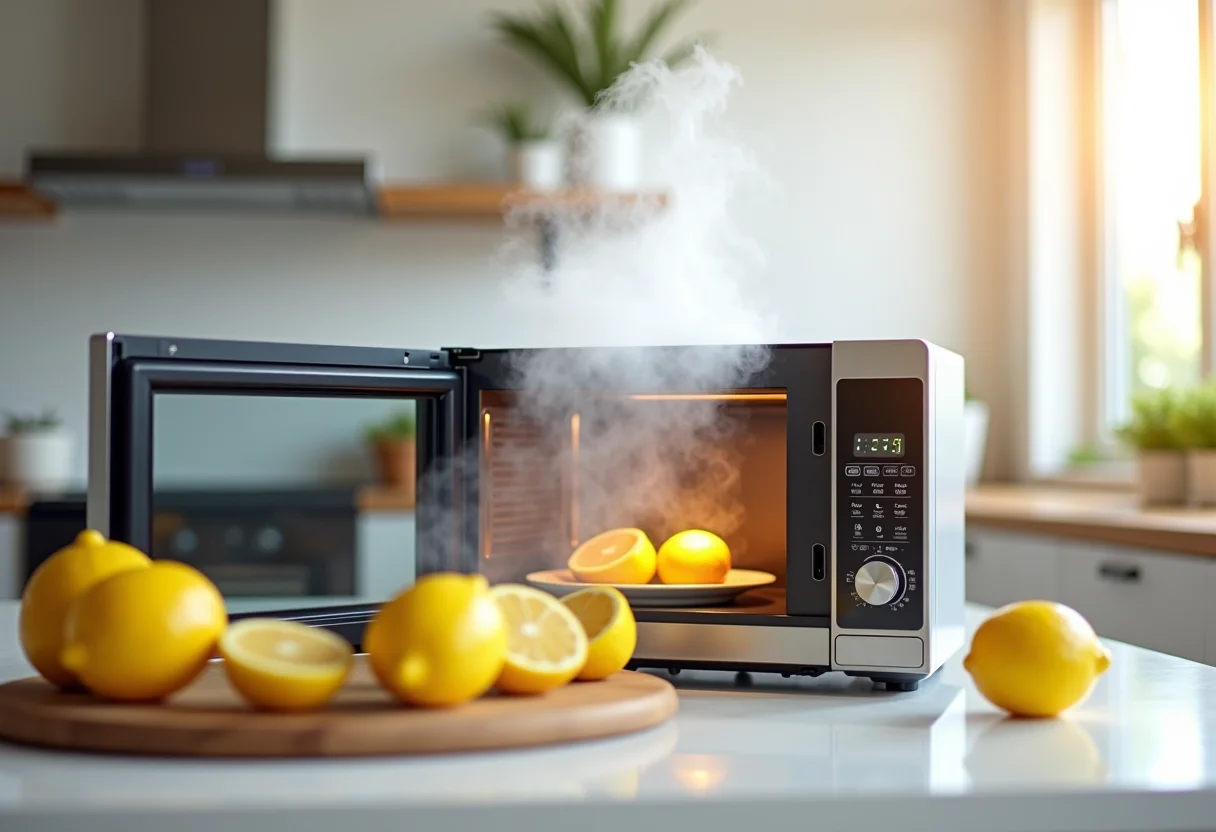 Micro-ondas brilhando após limpeza com limão