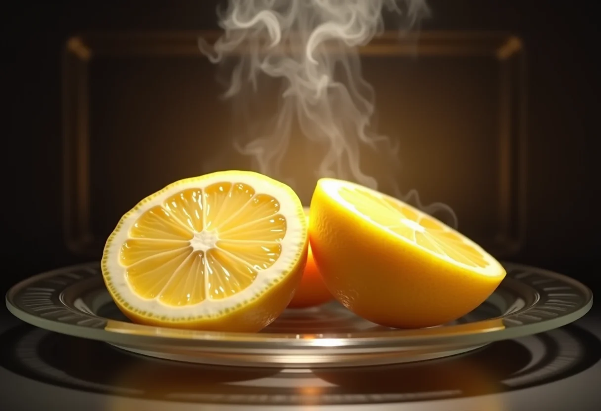 Micro-ondas impecável com limões para limpeza.