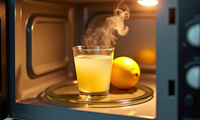 Microondas limpo com vinagre e limão, ambiente aconchegante.