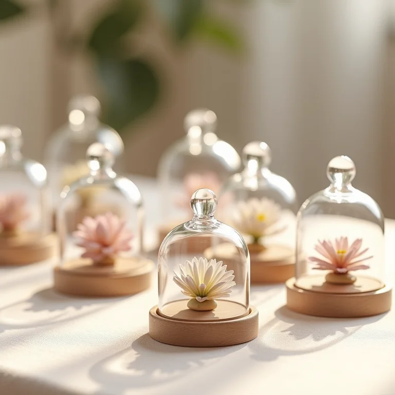 Mini cúpulas de vidro como lembrancinhas de casamento com flores delicadas.