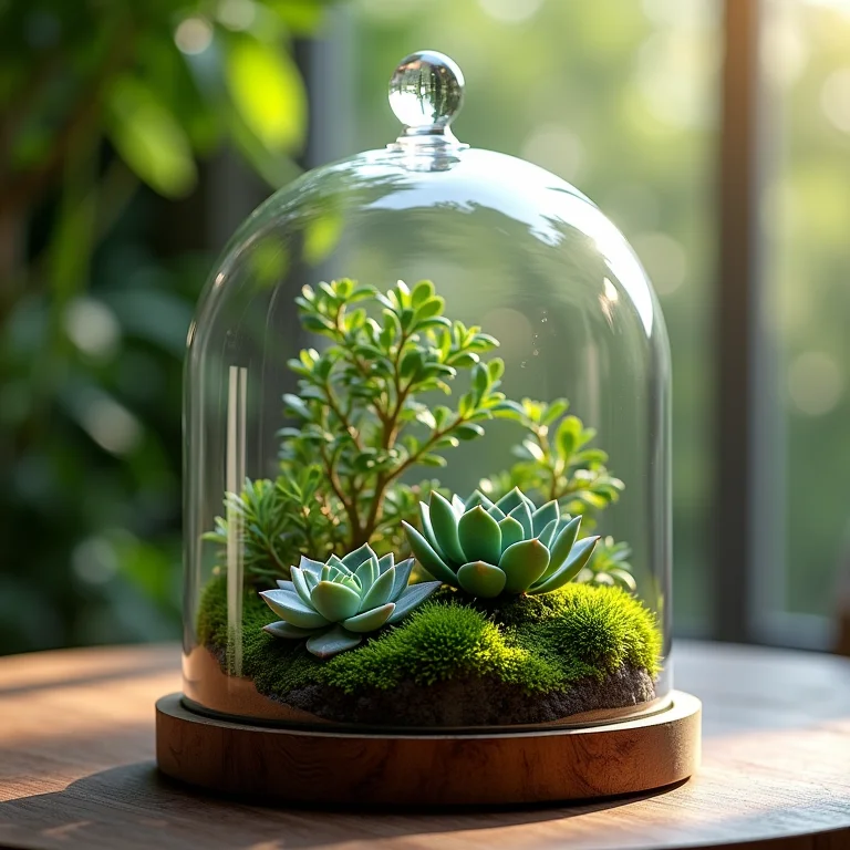 Mini jardim exuberante dentro de uma cúpula de vidro.