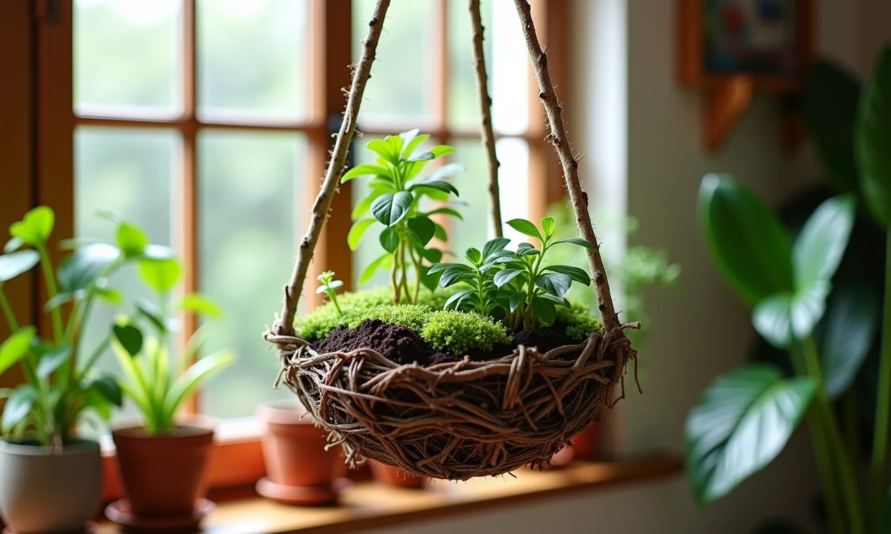 Mini jardim suspenso com galhos secos, vasos e plantas verdes.