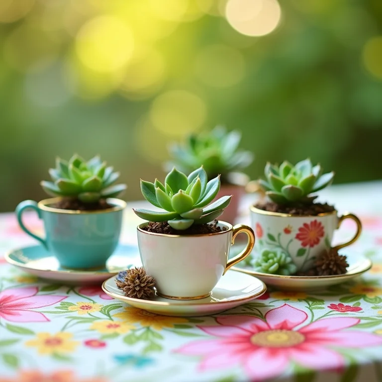 Mini jardins de suculentas criados em xícaras e canecas vintage.