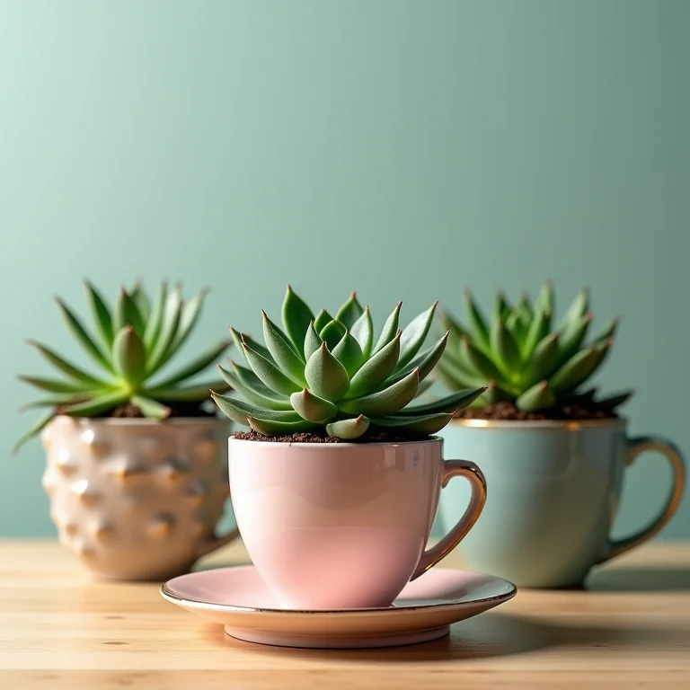 Mini jardins de suculentas em xícaras e canecas