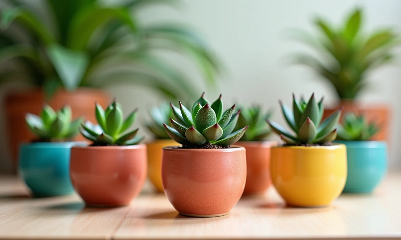Mini suculentas em vasos de cerâmica personalizados.