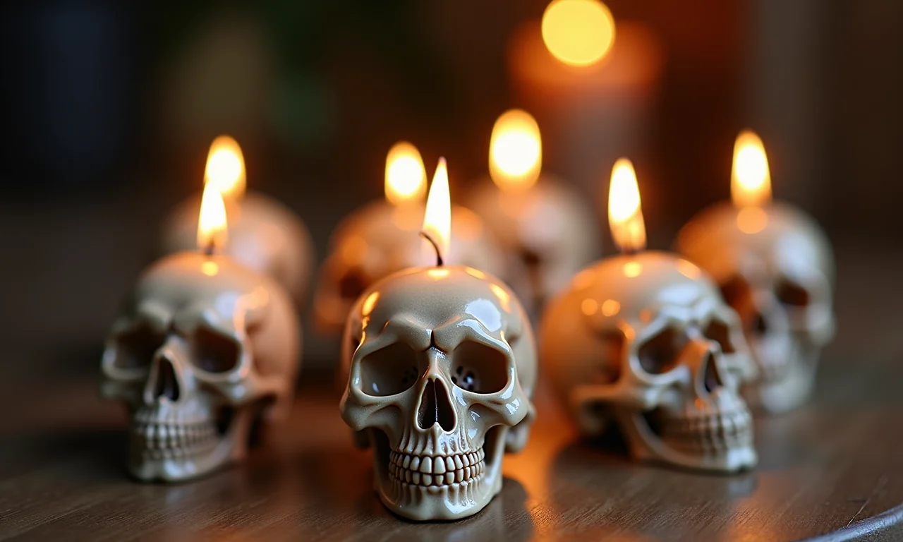 Mini velas em crânios de resina para decoração da mesa.