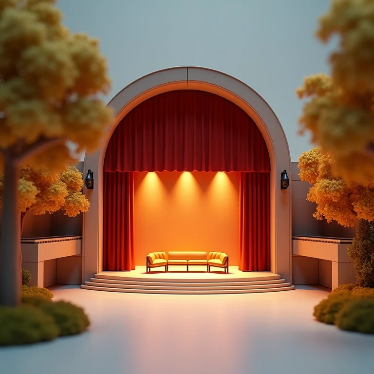 Miniaturas de diferentes espaços para eventos: teatro, sala de concerto e palco ao ar livre
