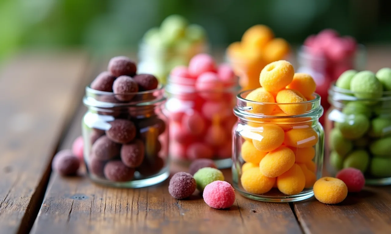 Miniaturas de doces em potes de vidro.