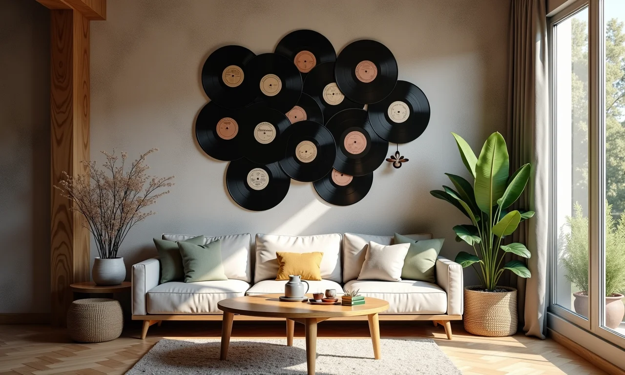 Mistura de texturas e materiais na decoração com discos de vinil.